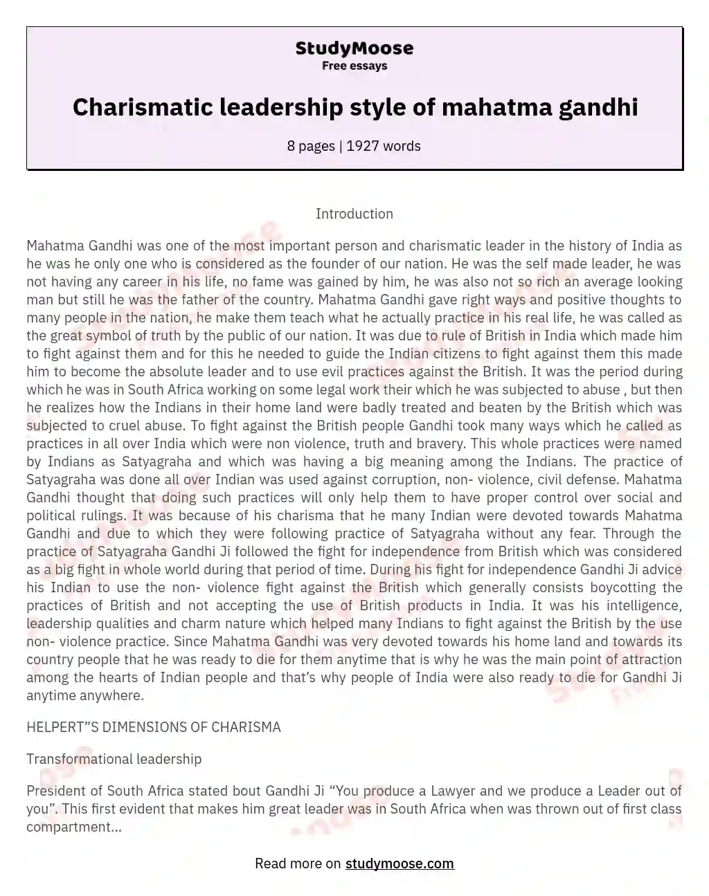 Charismatic leadership style of mahatma gandhi essay