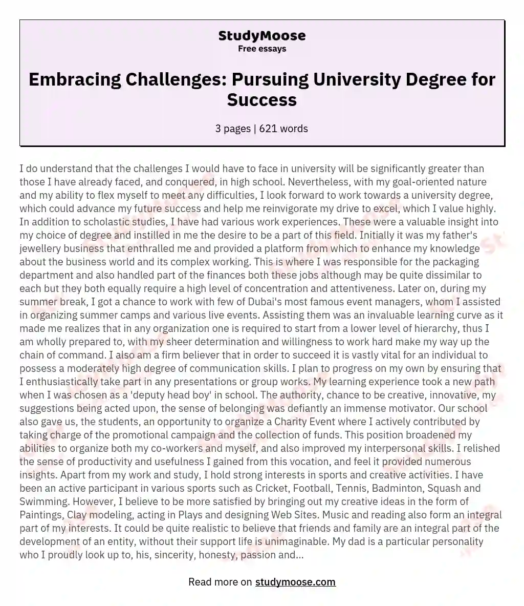 Embracing Challenges: Pursuing University Degree for Success essay