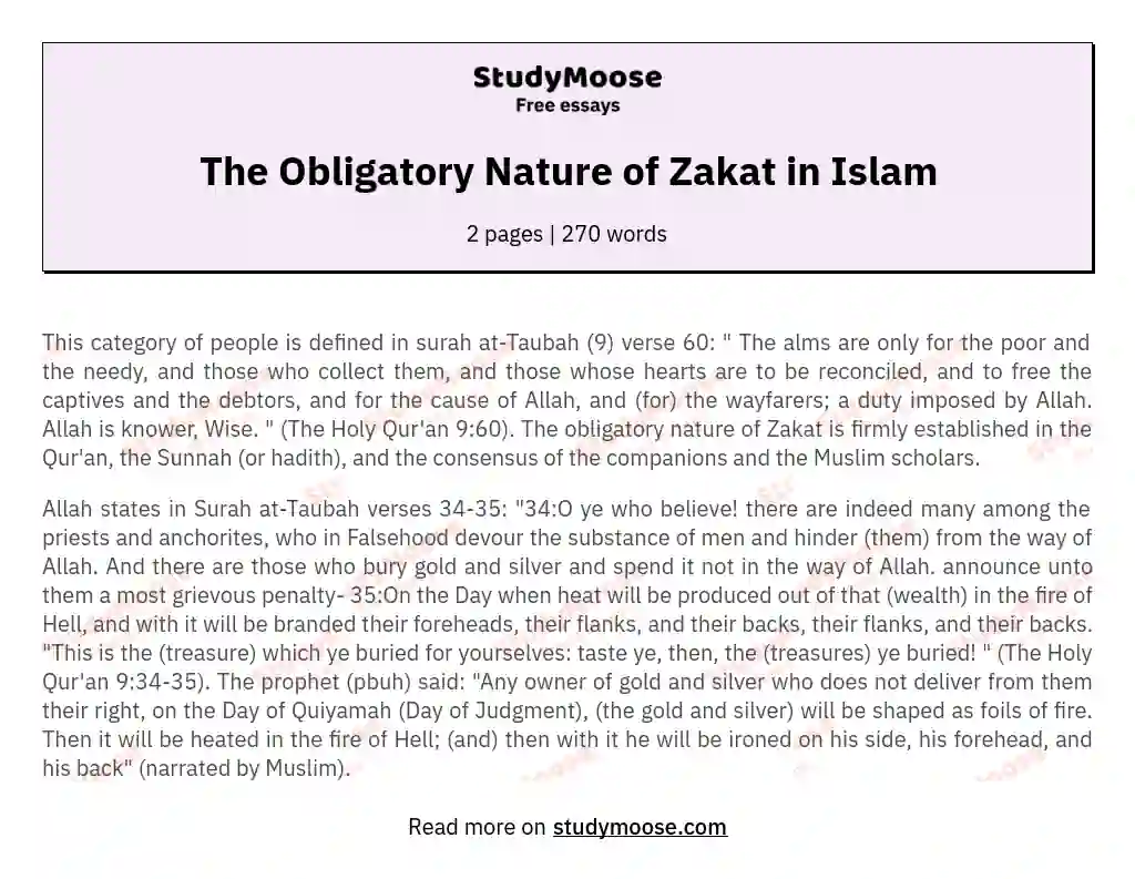 The Obligatory Nature of Zakat in Islam essay