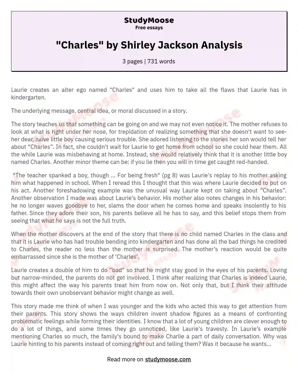 "Charles" by Shirley Jackson Analysis essay