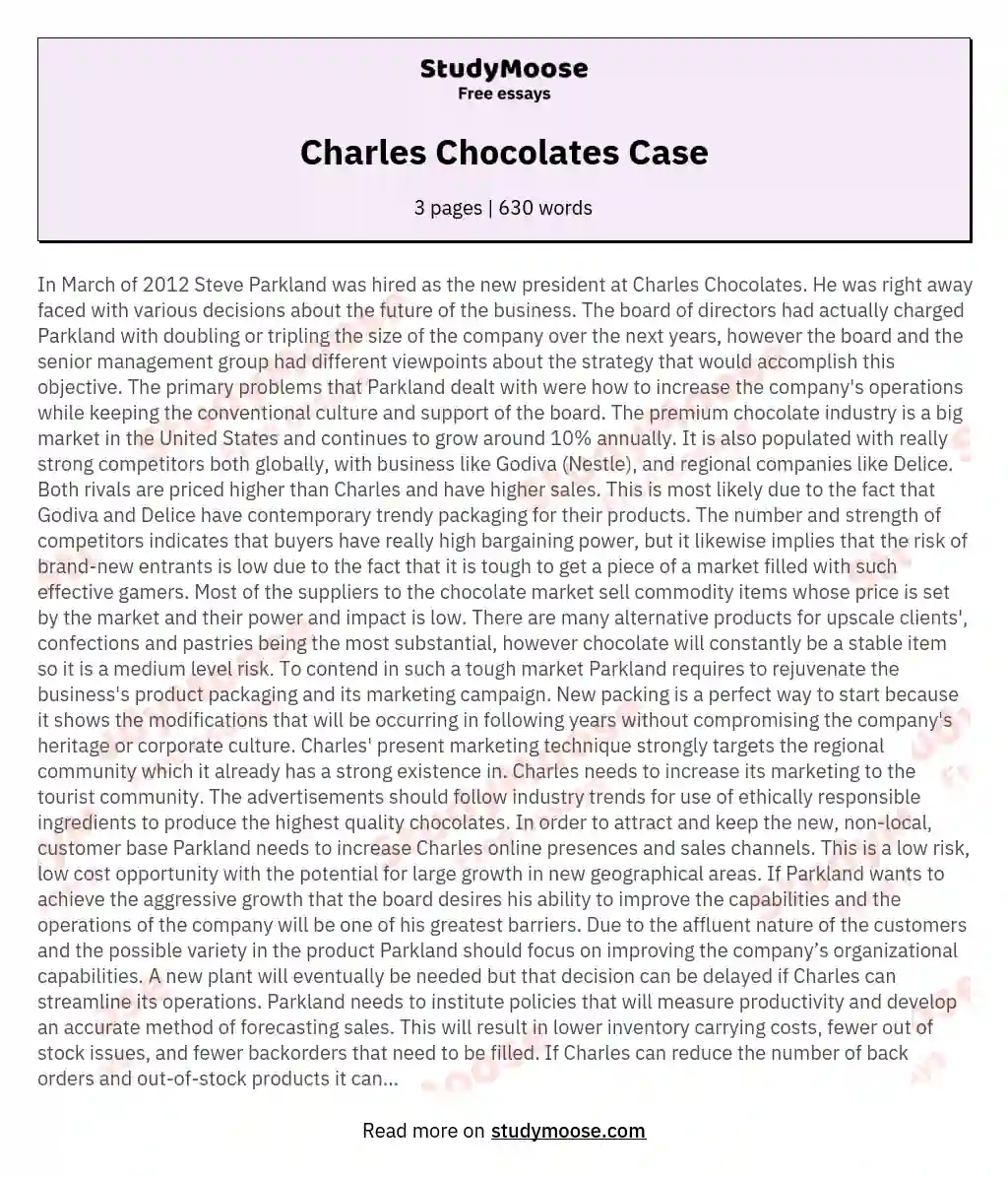 Charles Chocolates Case essay