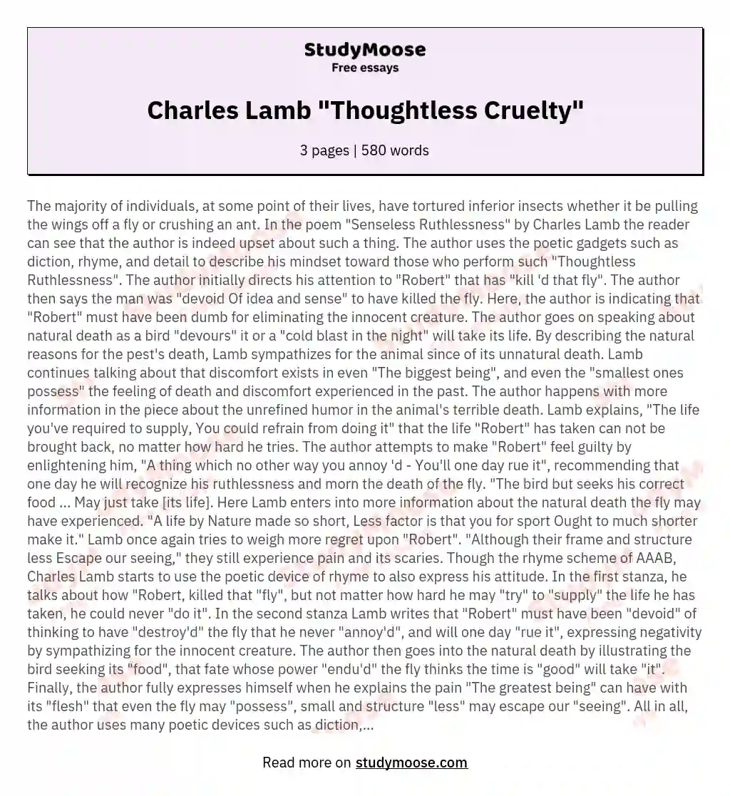 Charles Lamb "Thoughtless Cruelty" essay