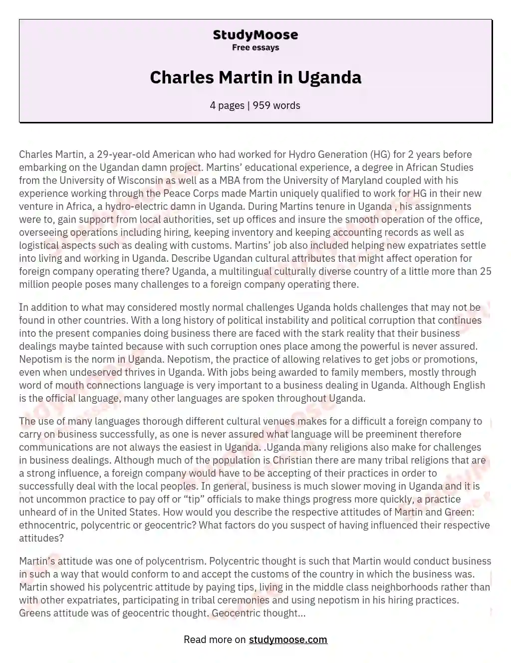 Charles Martin in Uganda essay