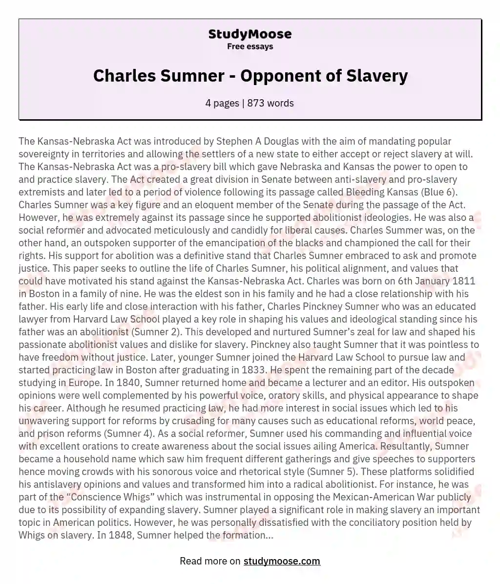 Charles Sumner - Opponent of Slavery essay