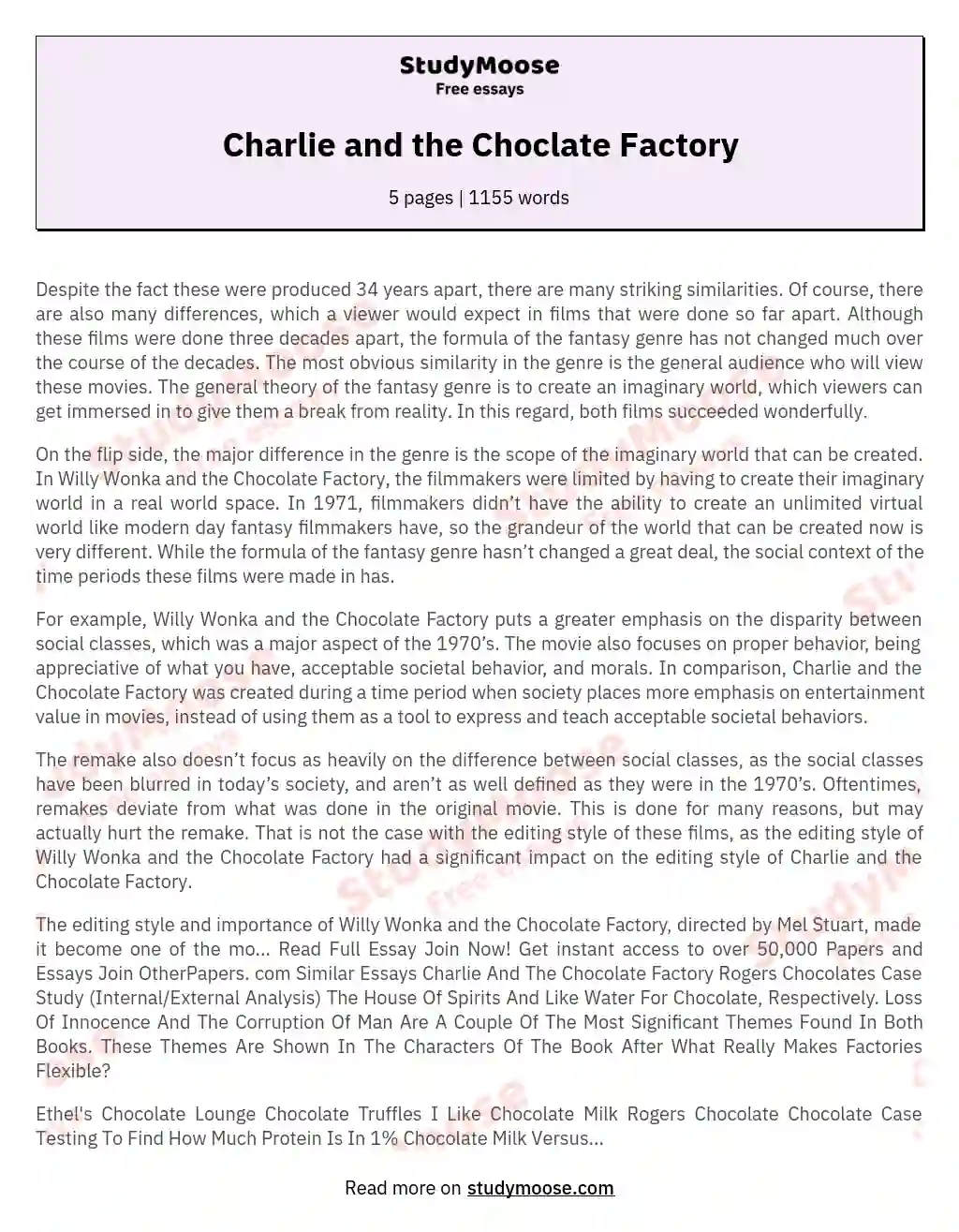 Charlie and the Choclate Factory essay