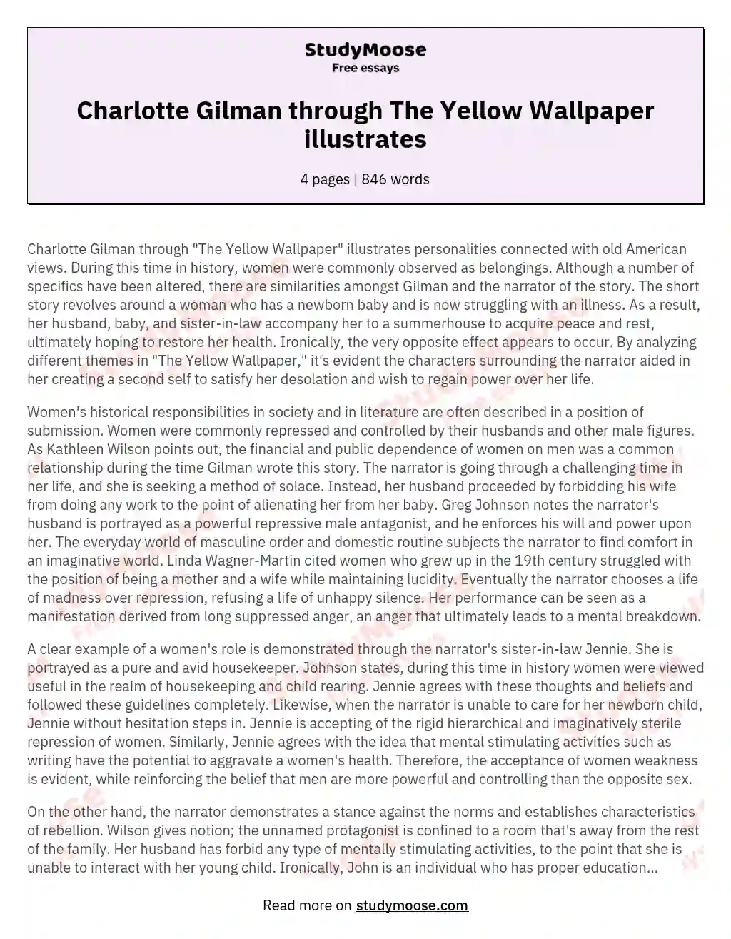 Charlotte Gilman through The Yellow Wallpaper illustrates essay