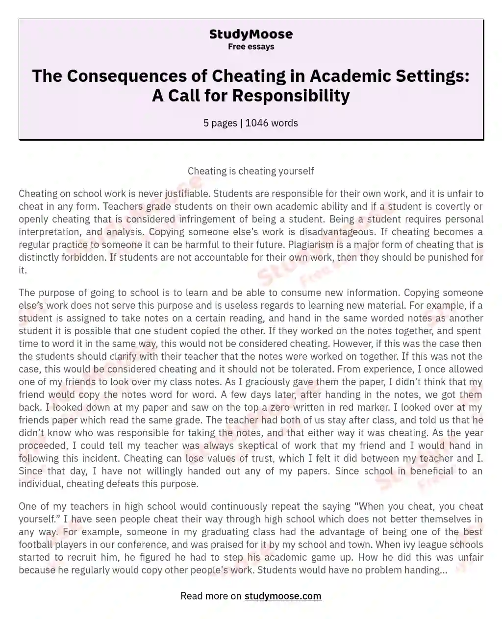 The Consequences of Cheating in Academic Settings: A Call for Responsibility essay