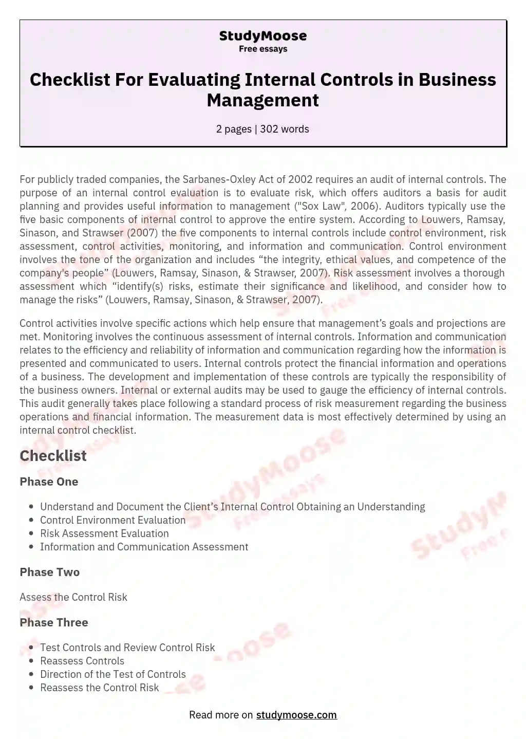 Checklist For Evaluating Internal Controls in Business Management essay