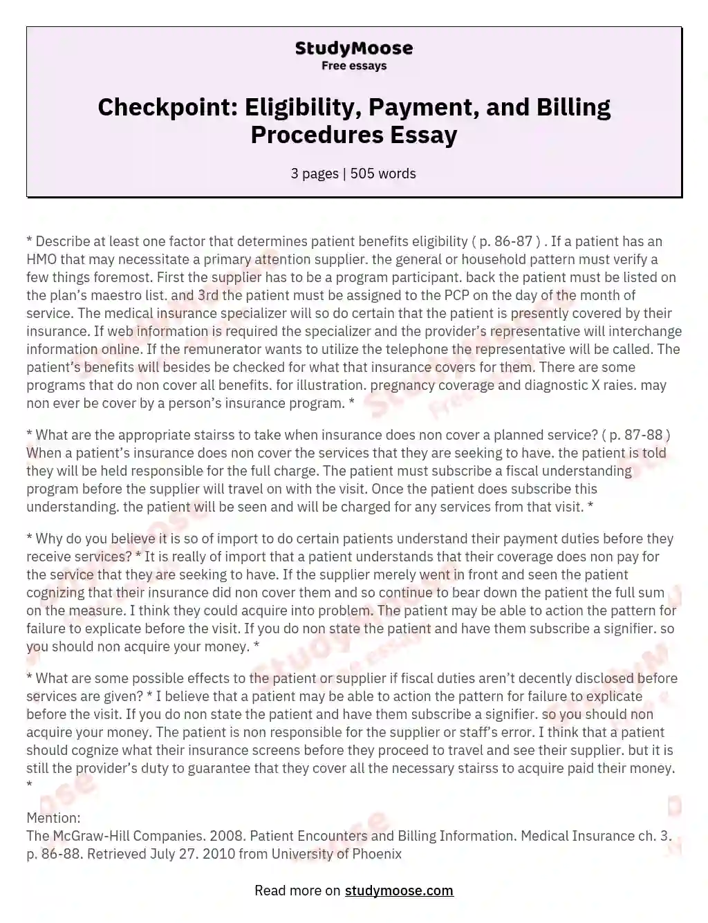 Checkpoint: Eligibility, Payment, and Billing Procedures Essay