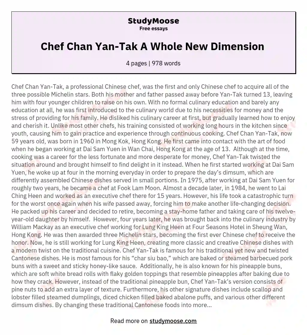 Chef Chan Yan-Tak A Whole New Dimension  essay