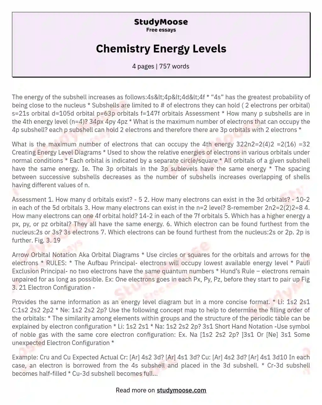 Chemistry Energy Levels