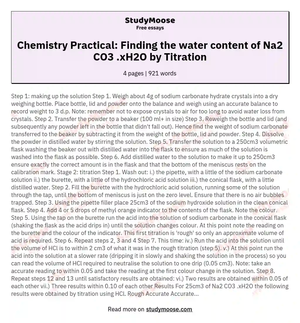 Chemistry Practical: Finding the water content of Na2 CO3 .xH2O by Titration essay