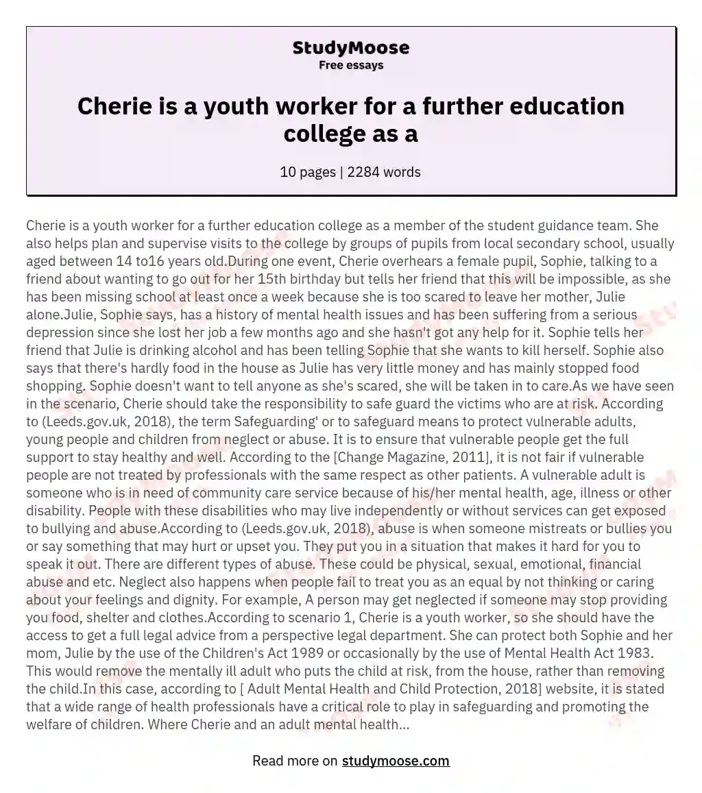 Cherie is a youth worker for a further education college as a essay