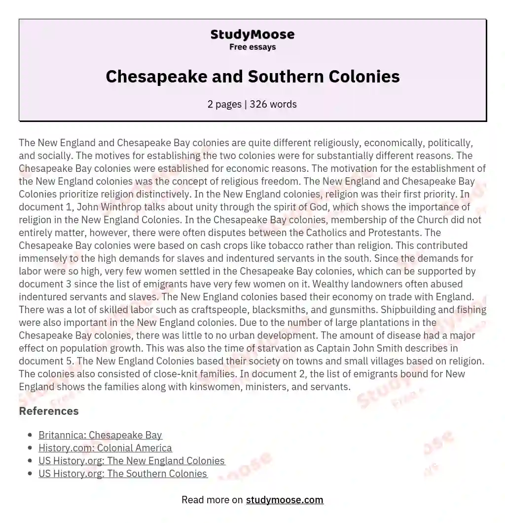Chesapeake and Southern Colonies