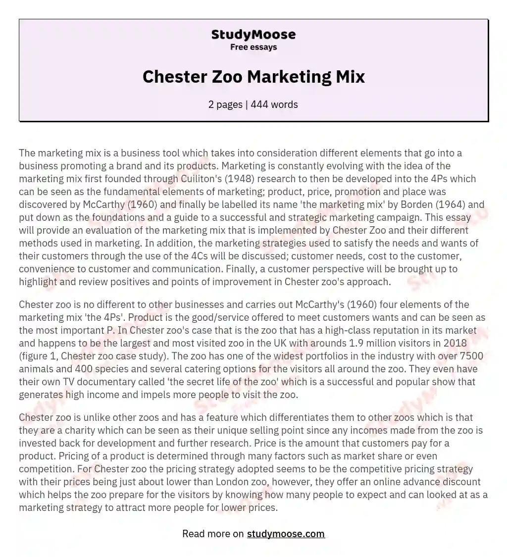 Chester Zoo Marketing Mix essay