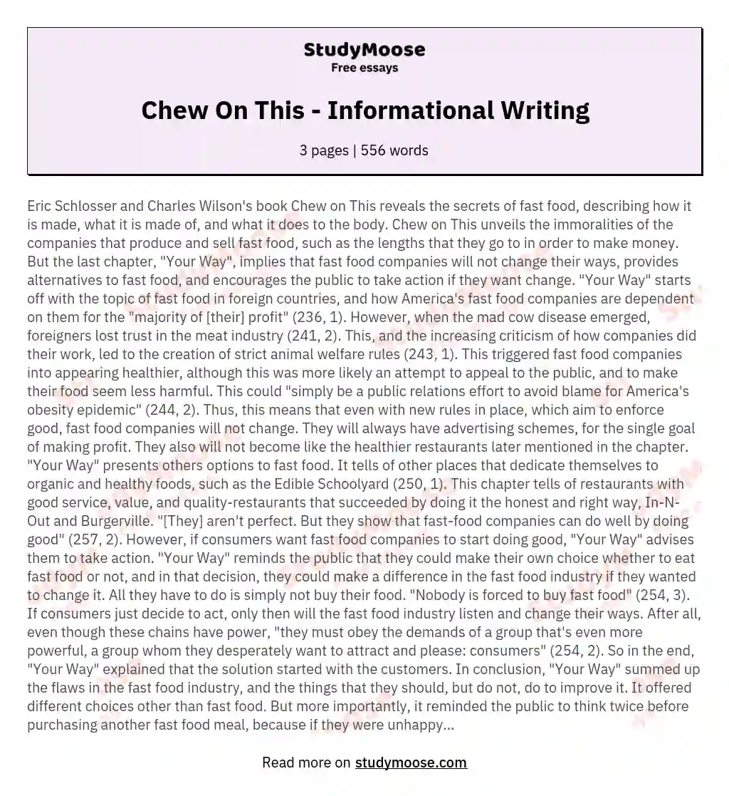 Chew On This - Informational Writing essay