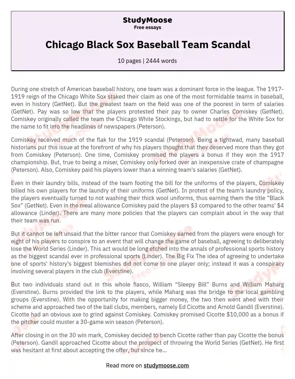 Chicago Black Sox Baseball Team Scandal