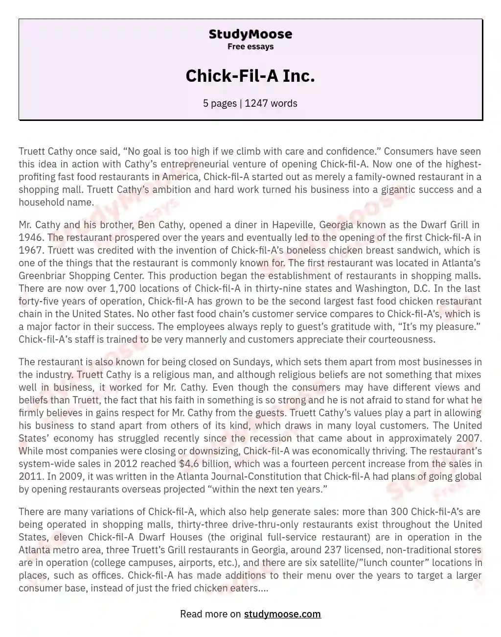 Success Story of Chick-fil-A: A Legacy Built on Values essay