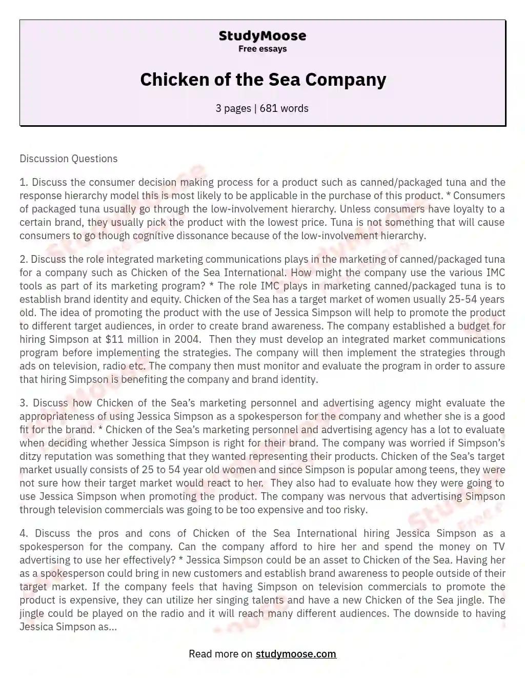 Chicken of the Sea Company essay