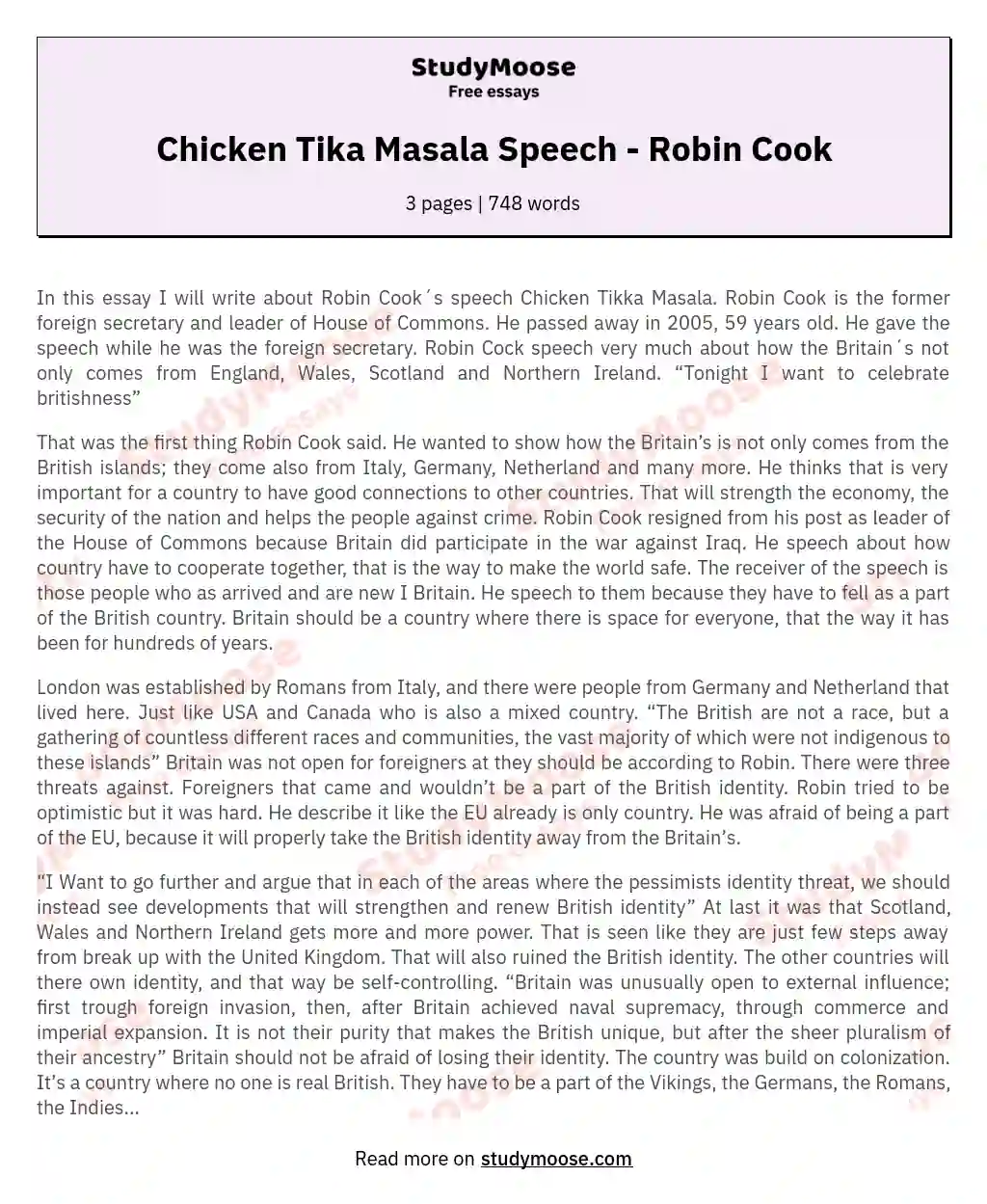 Chicken Tika Masala Speech - Robin Cook essay
