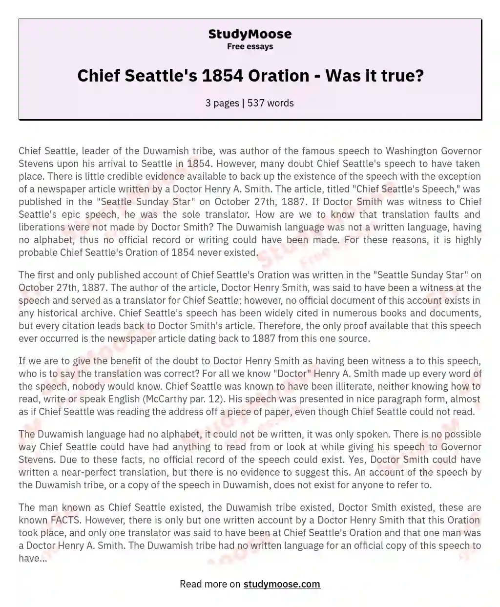 Chief Seattle's 1854 Oration - Was it true? essay