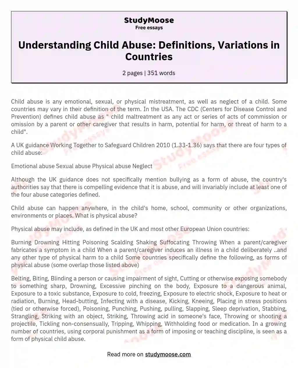 Understanding Child Abuse: Definitions, Variations in Countries essay