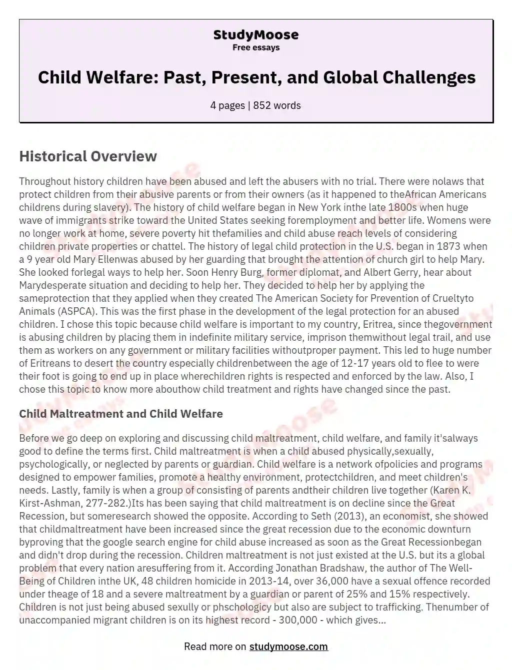 Child Welfare: Past, Present, and Global Challenges essay