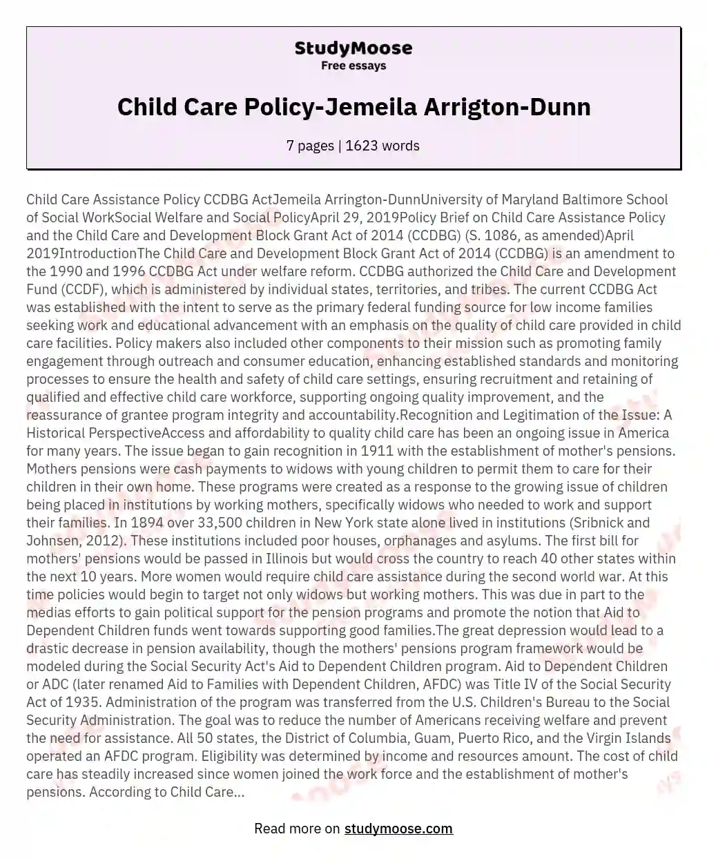 Child Care Policy-Jemeila Arrigton-Dunn essay