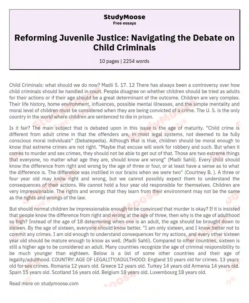 Reforming Juvenile Justice: Navigating the Debate on Child Criminals essay