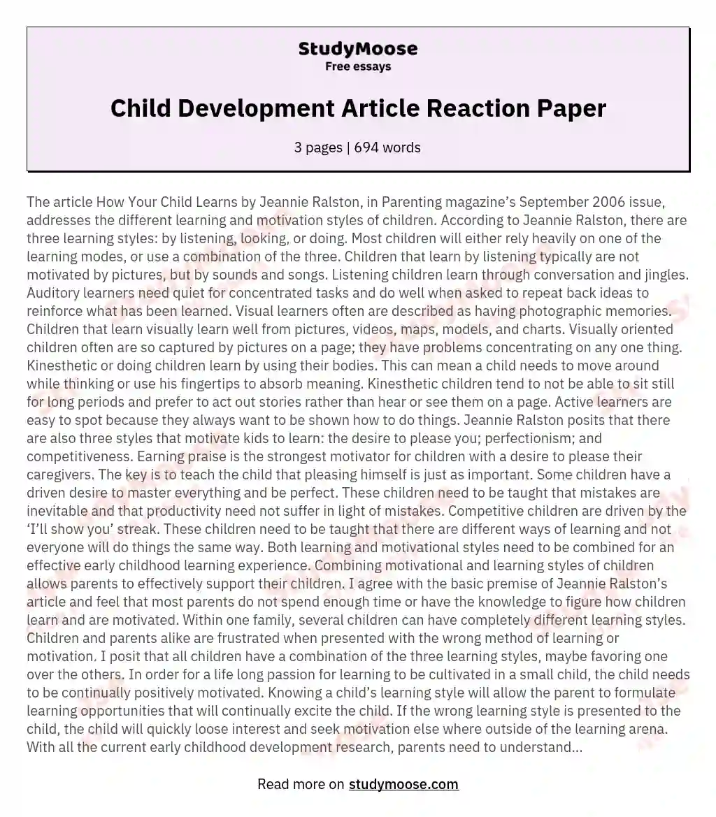 Child Development Article Reaction Paper essay