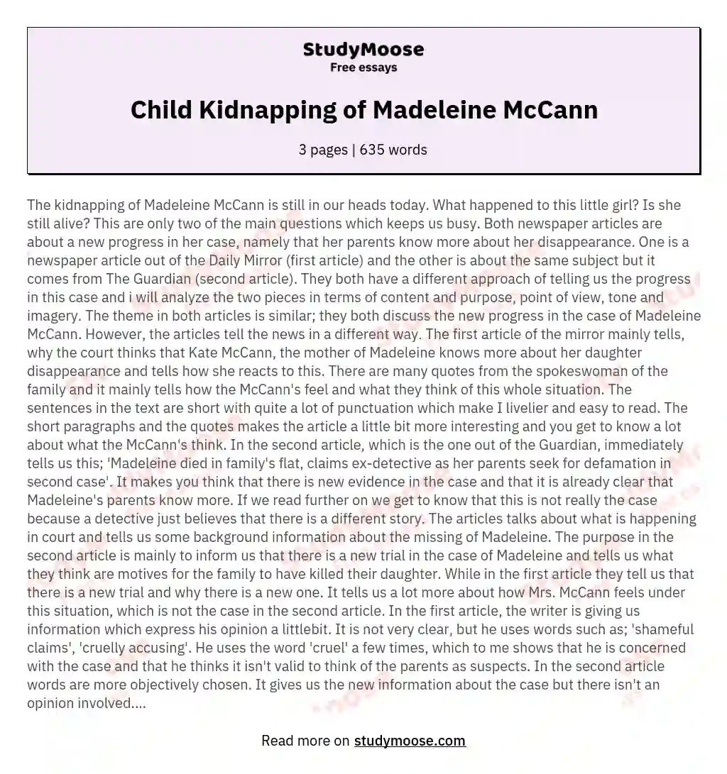 Child Kidnapping of Madeleine McCann essay