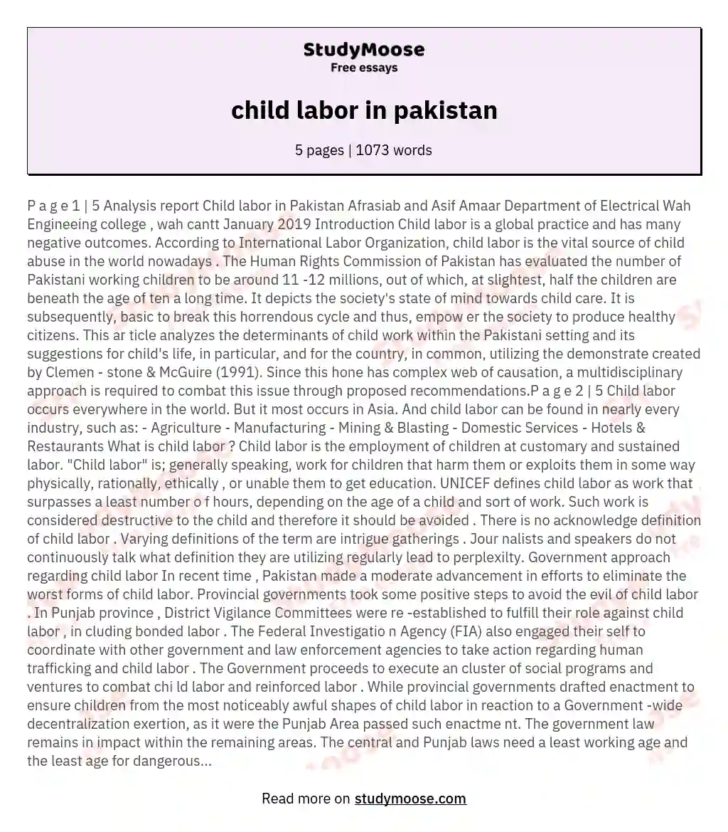 child labor in pakistan essay