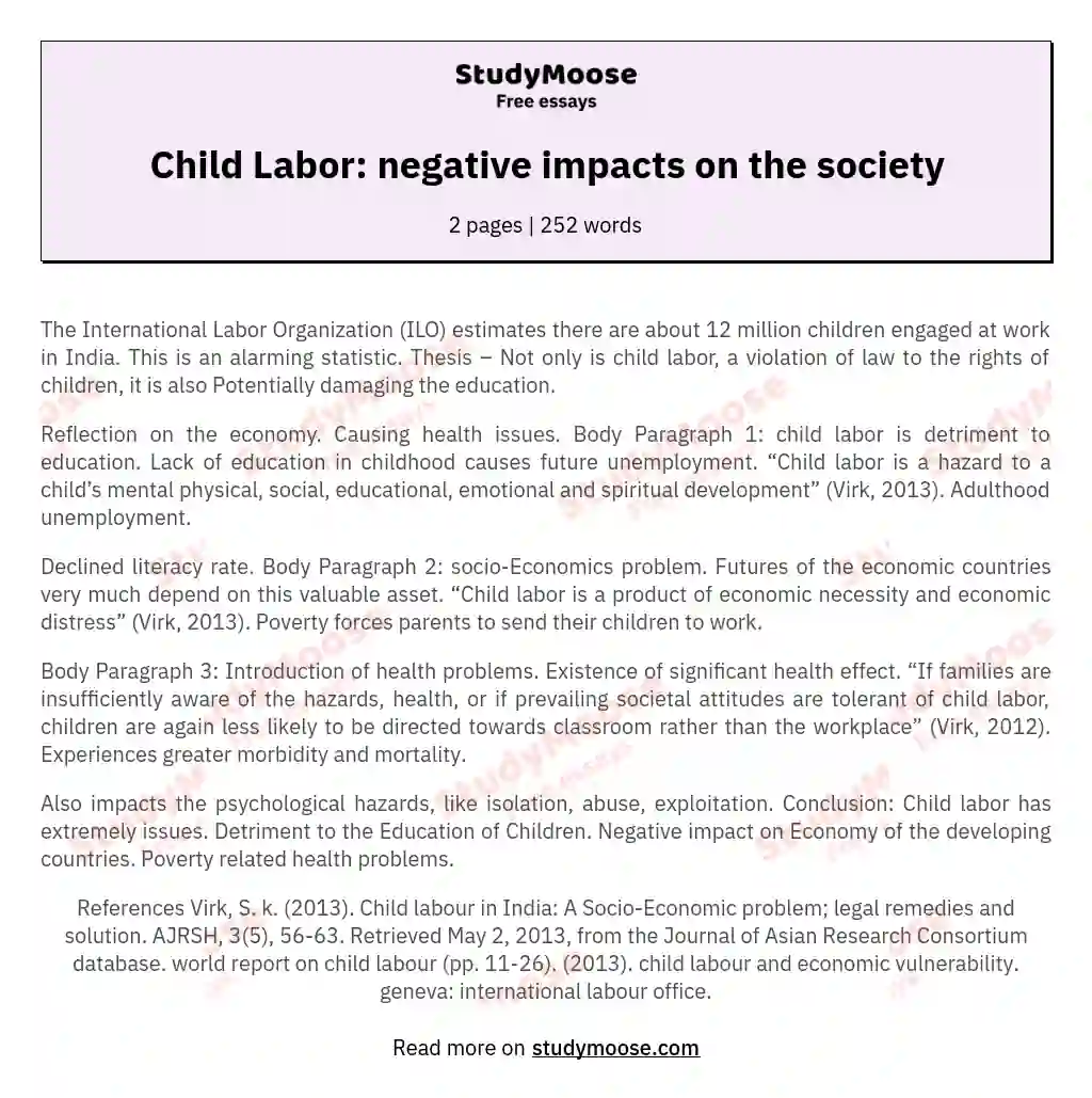Child Labor: negative impacts on the society essay