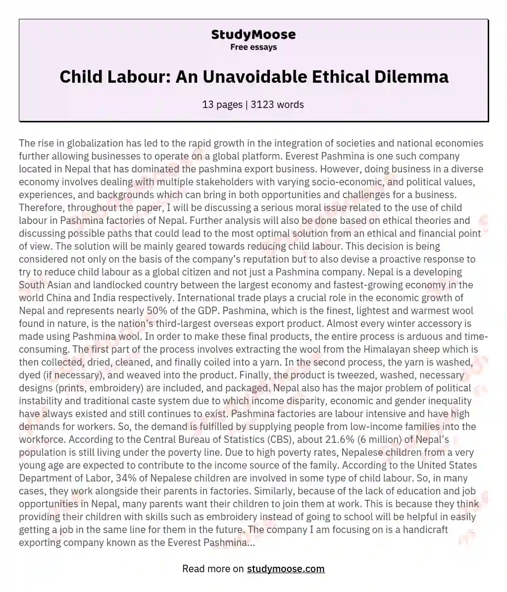 Child Labour: An Unavoidable Ethical Dilemma essay