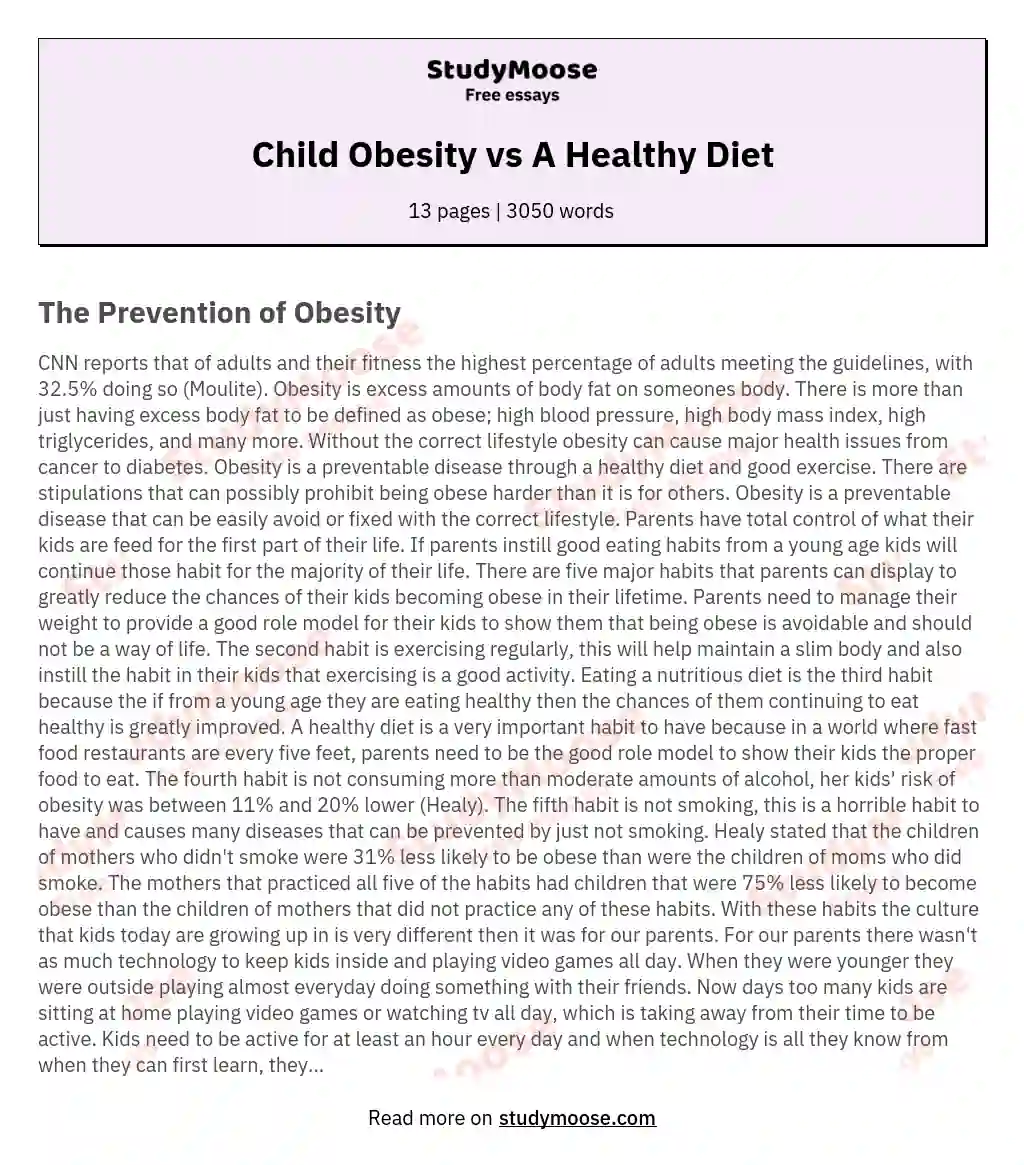 Child Obesity vs A Healthy Diet essay