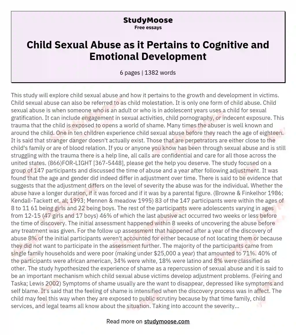 Child Sexual Abuse as it Pertains to Cognitive and Emotional Development essay
