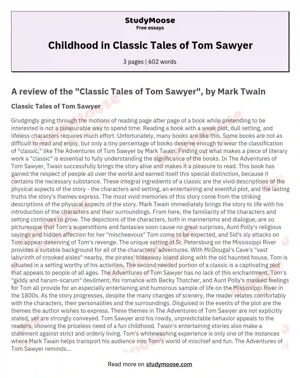 Childhood in Classic Tales of Tom Sawyer