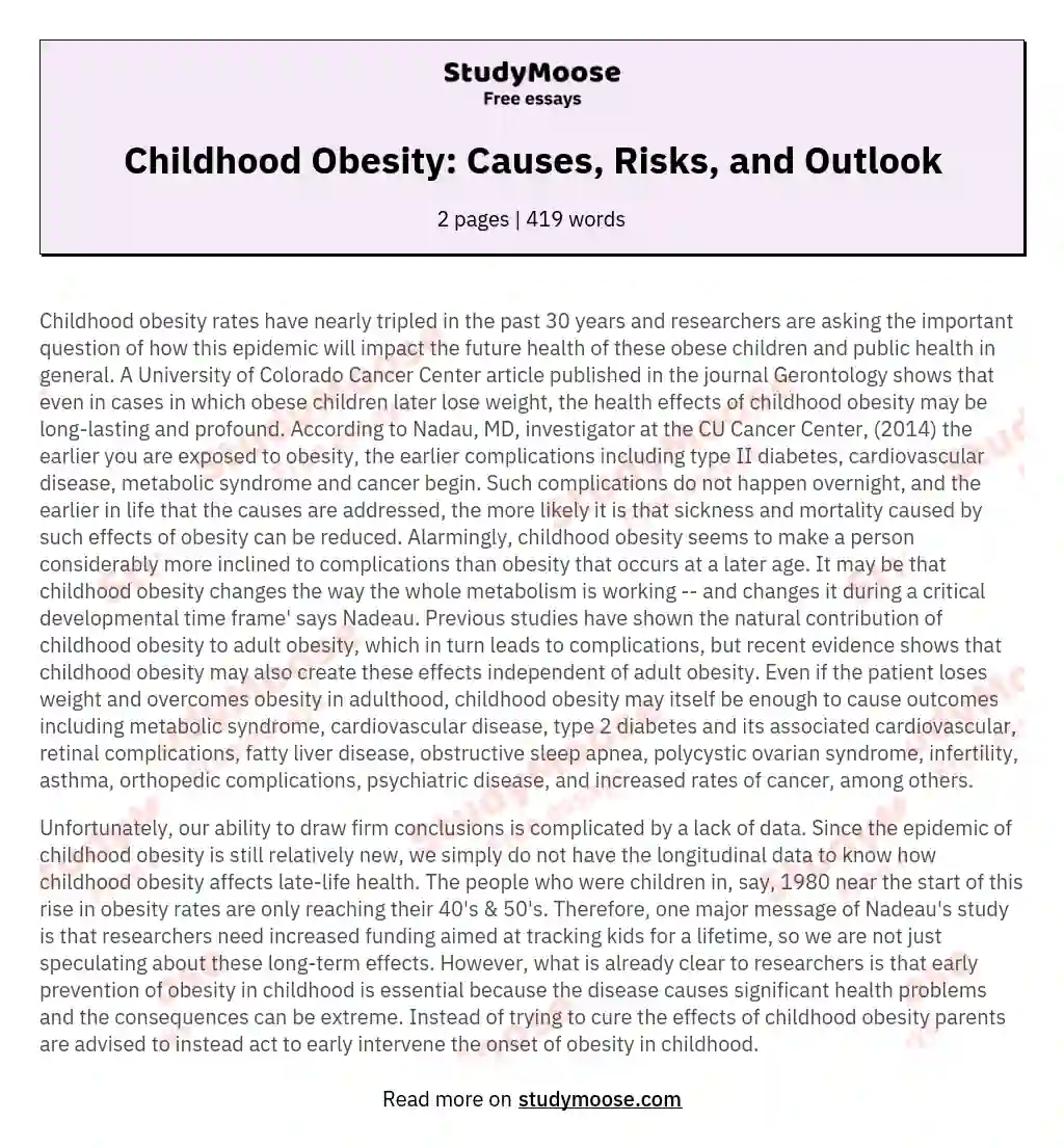 Childhood Obesity: Causes, Risks, and Outlook essay