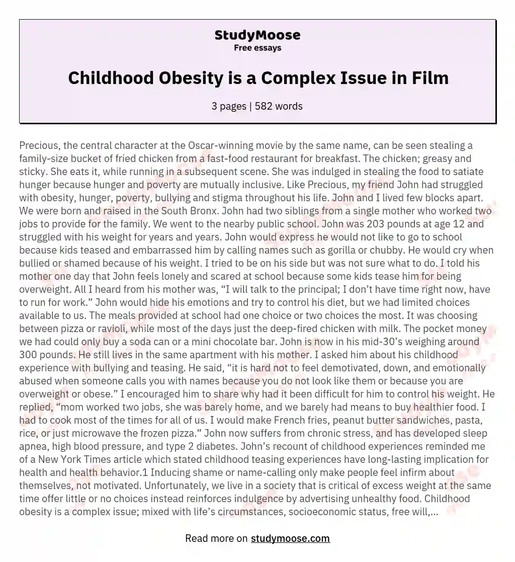 Childhood Obesity is a Complex Issue in Film essay
