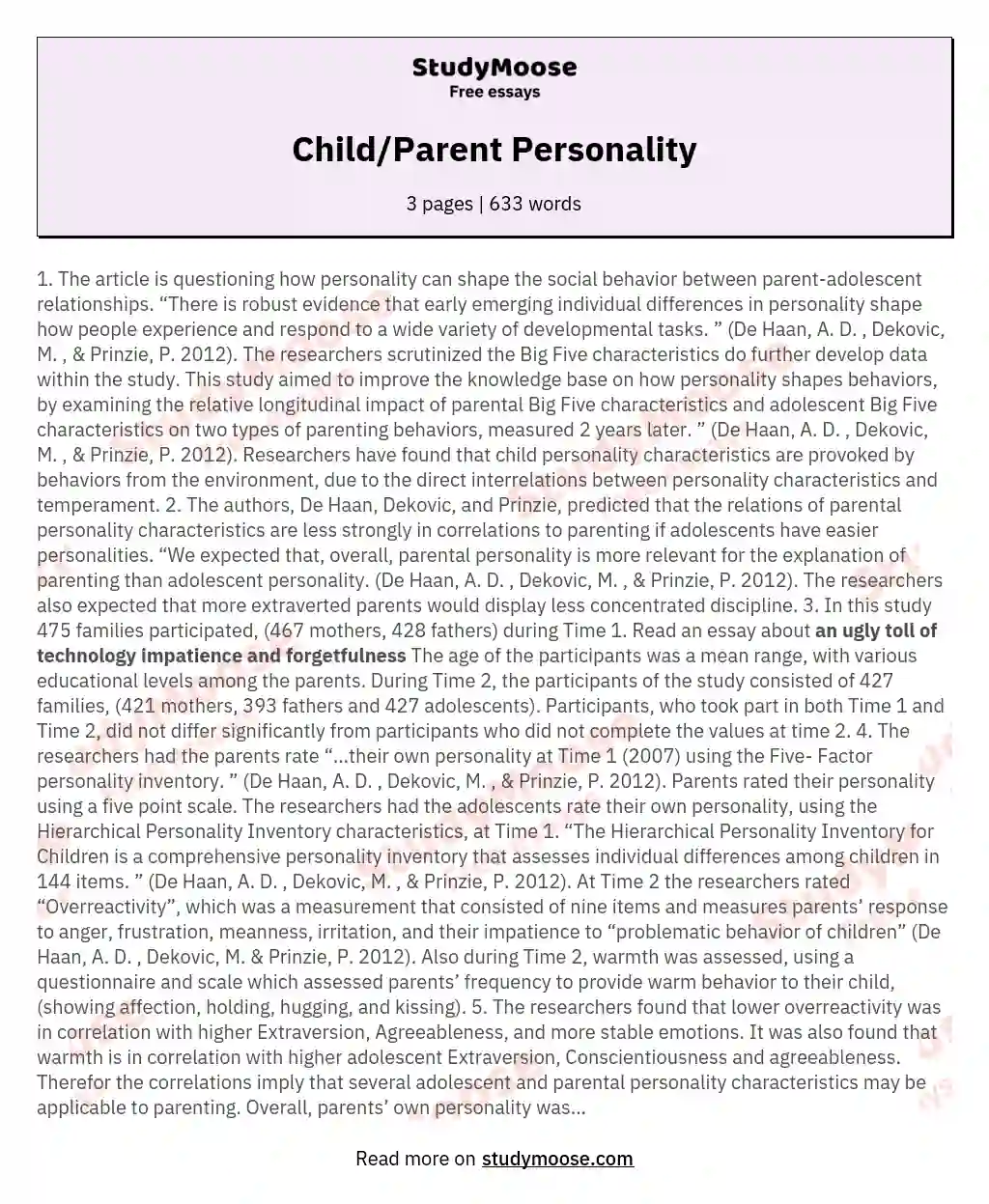 Child/Parent Personality essay