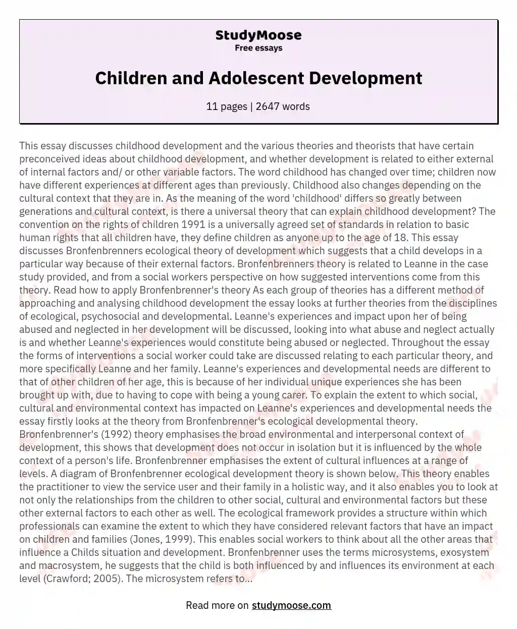 Children and Adolescent Development essay