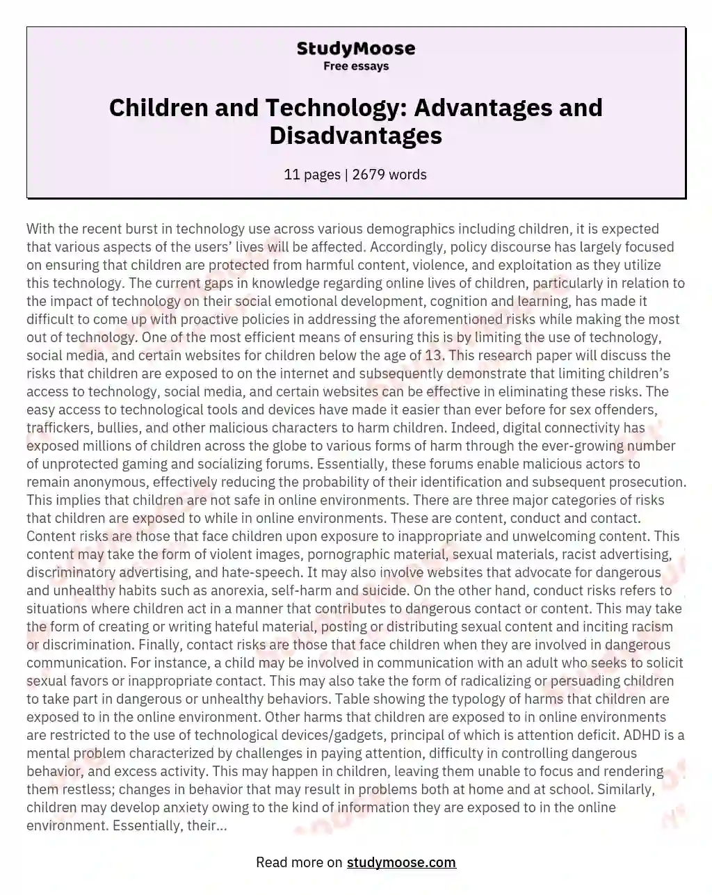 Children and Technology: Advantages and Disadvantages essay