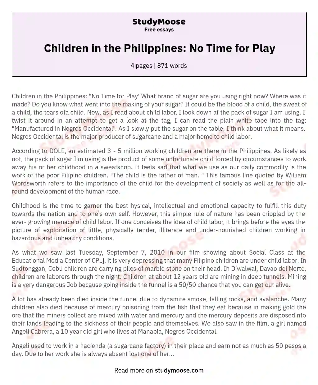 Children in the Philippines: No Time for Play essay