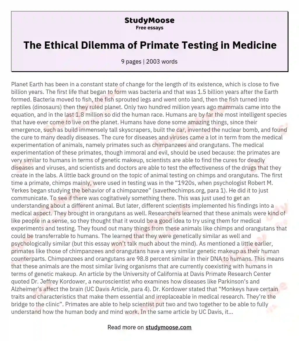 The Ethical Dilemma of Primate Testing in Medicine essay