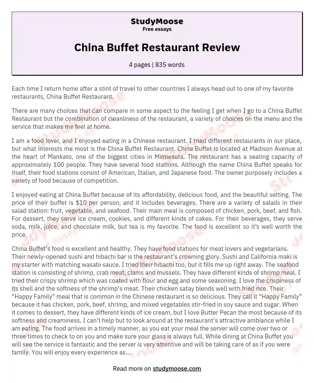 China Buffet Restaurant Review