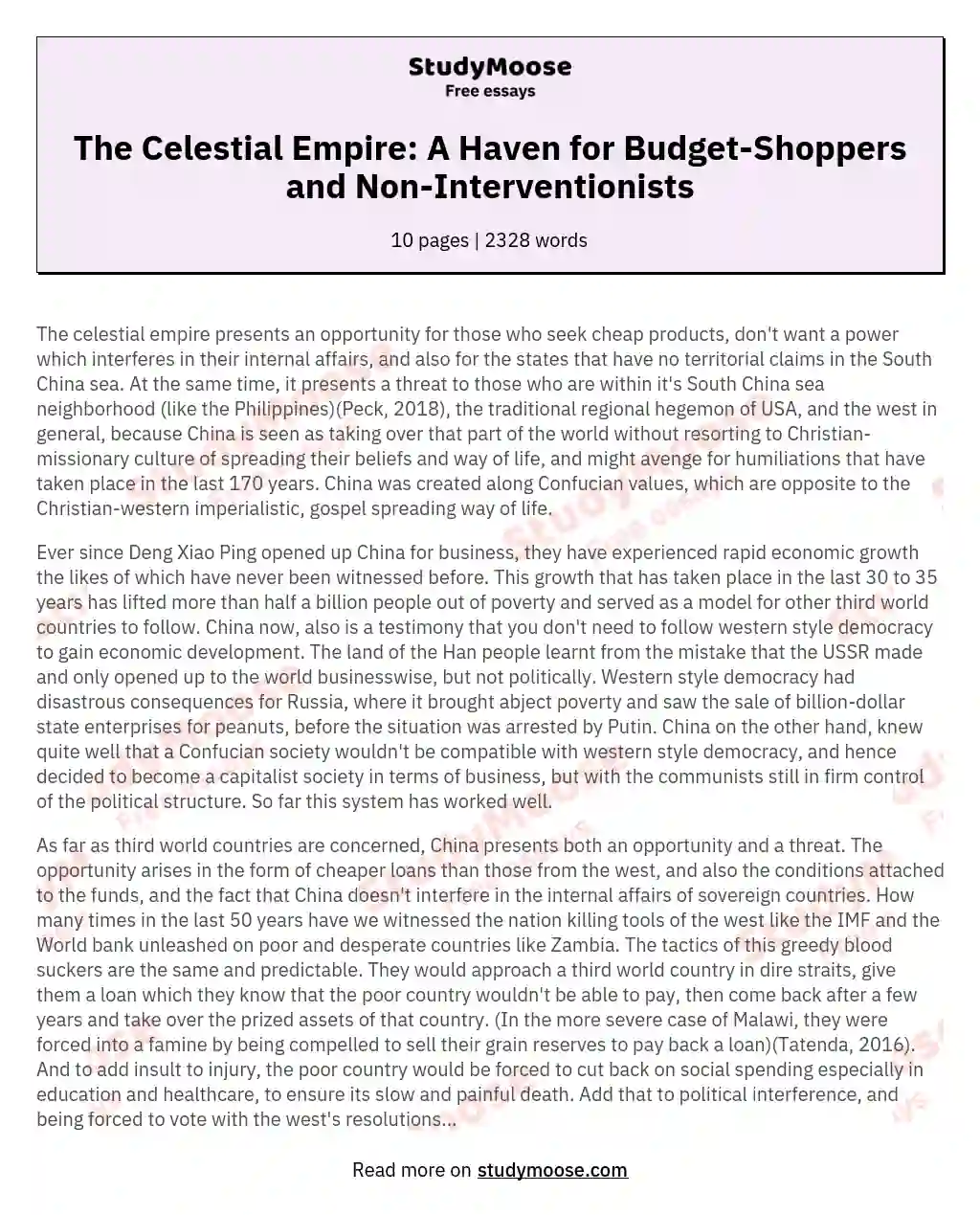 The Celestial Empire: A Haven for Budget-Shoppers and Non-Interventionists essay