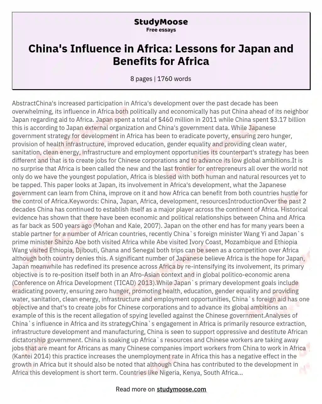China's Influence in Africa: Lessons for Japan and Benefits for Africa
