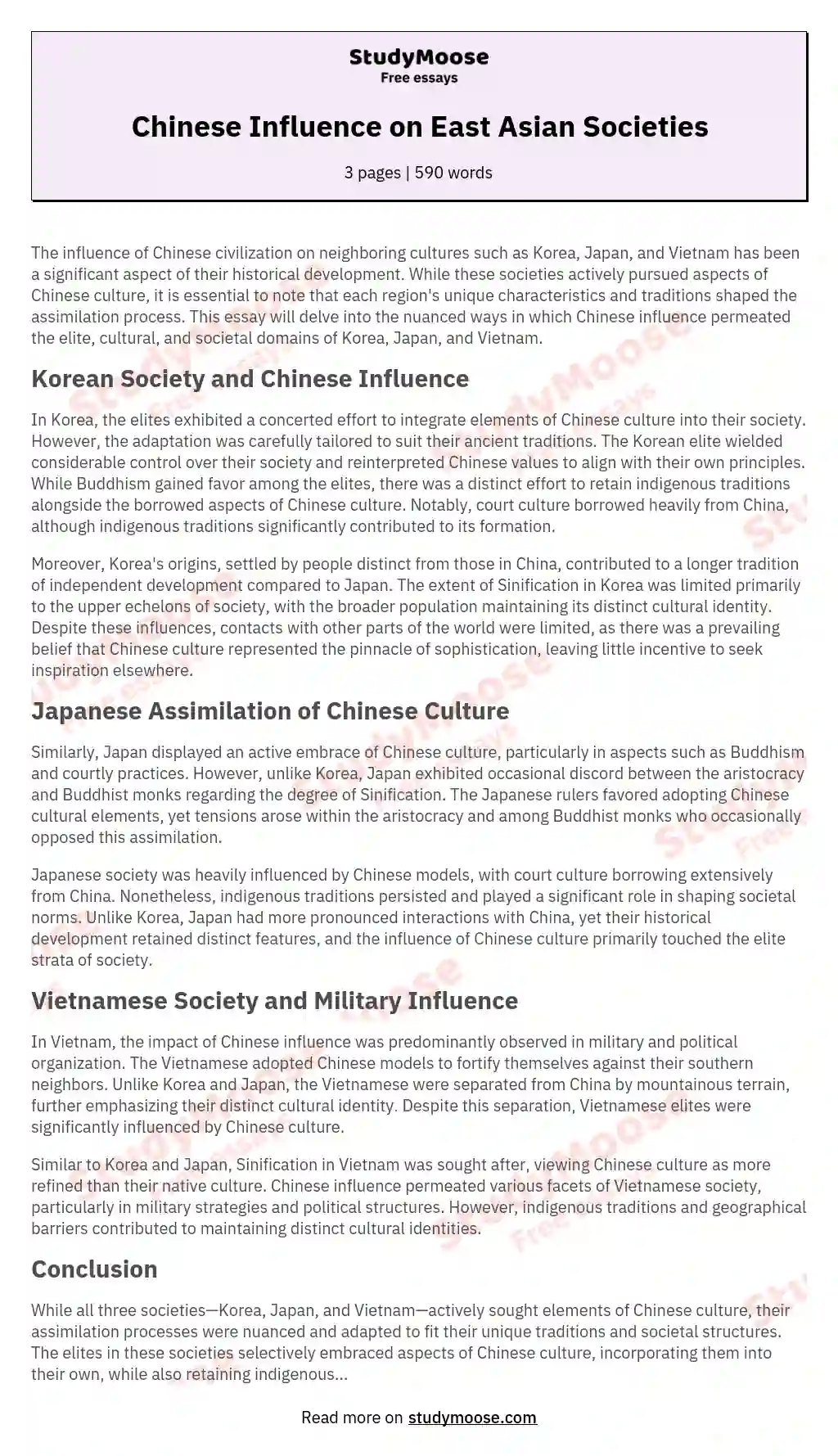 Chinese Influence on East Asian Societies essay