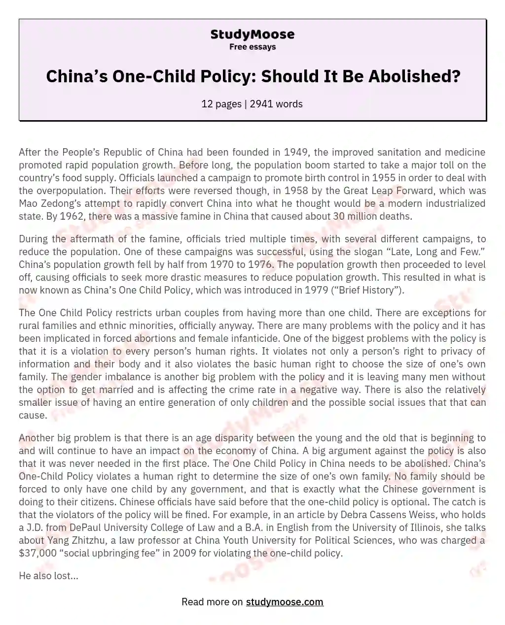 China's One Child Policy: Violating Human Rights and Creating Social Issues essay