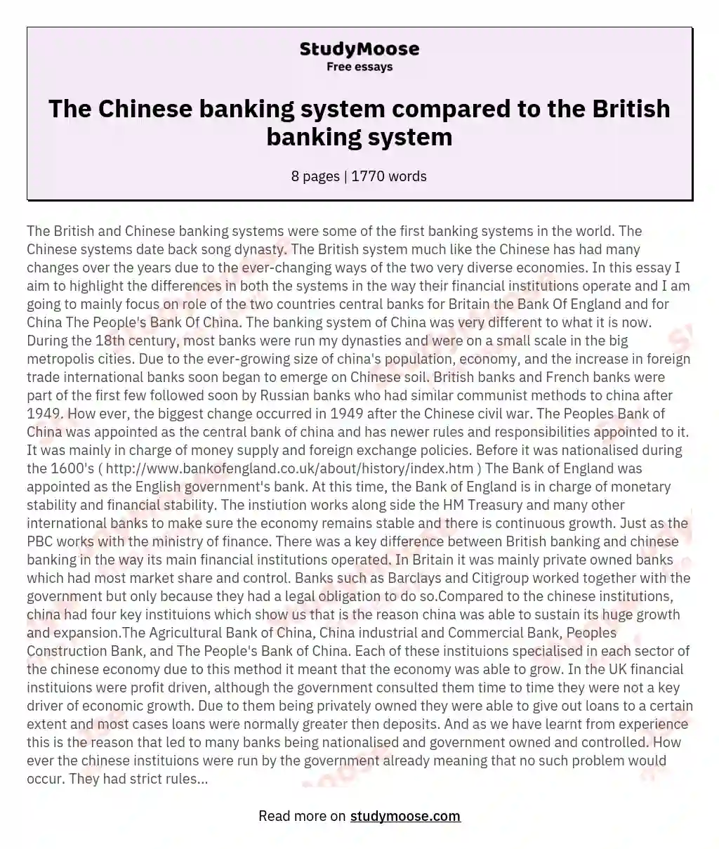 The Chinese banking system compared to the British banking system